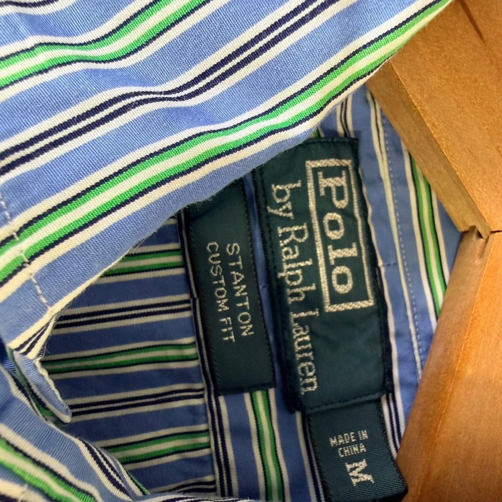 Polo Ralph Lauren Regent Custom‎ Fit Striped Button Down Shirt Blue Green Mens M